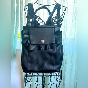 Black Leather Backpack Purse With Ruffles